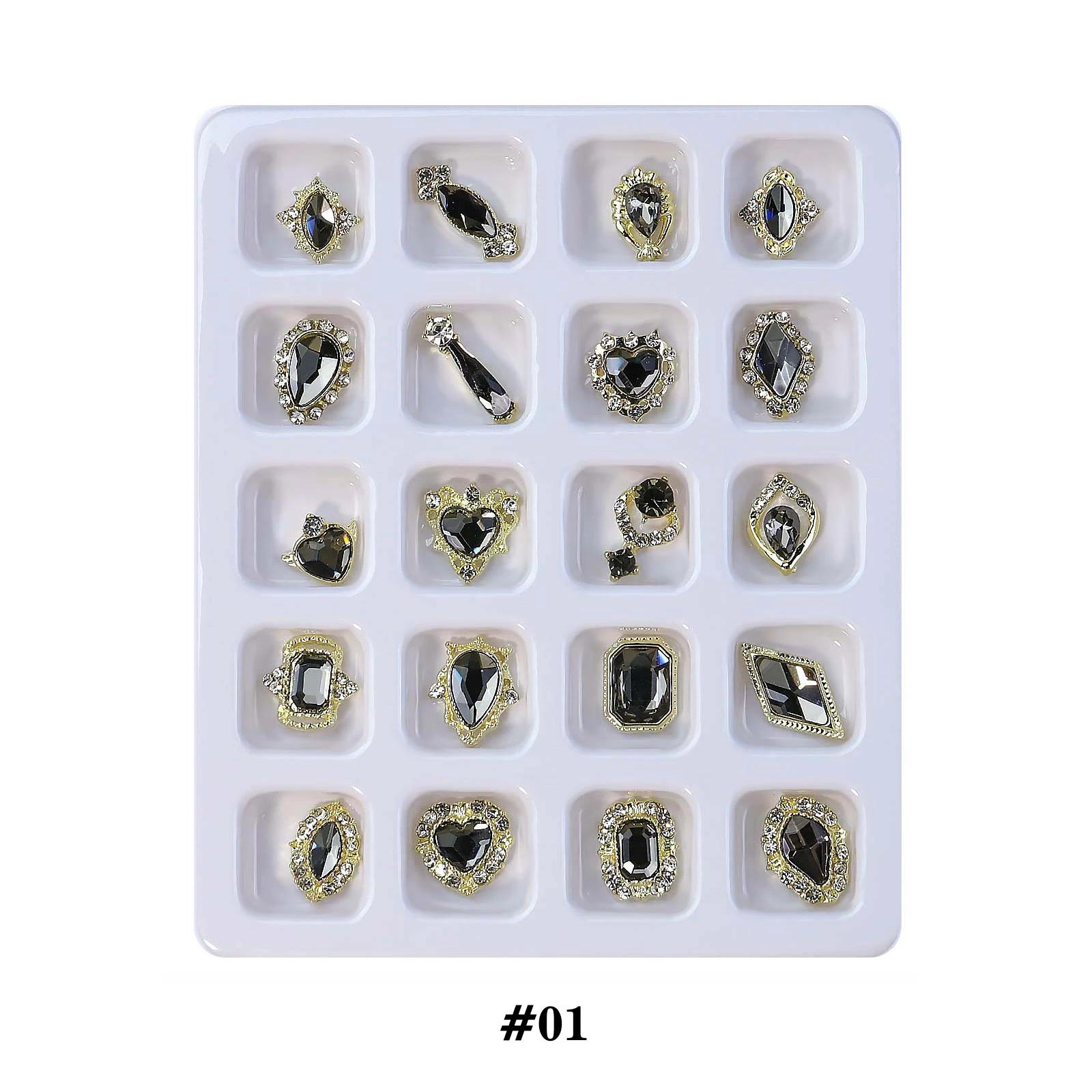 

20 шт./коробка Набор черных страз для нейл-арта, блестки для ногтей, смешанные стили и размеры, бриллианты для DIY маникюра, 3D украшения
