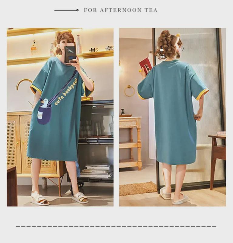 Süßes Sommernachthemd aus Baumwolle mit Cartoon-Motiv für Damen – Kurzarm, lockere Passform, koreanischer Stil, mittellanger Rock