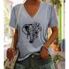 Fashion Minimally Drawn Elephant Painting Blouses Short Sleeved V-Neck T Shirts Casual