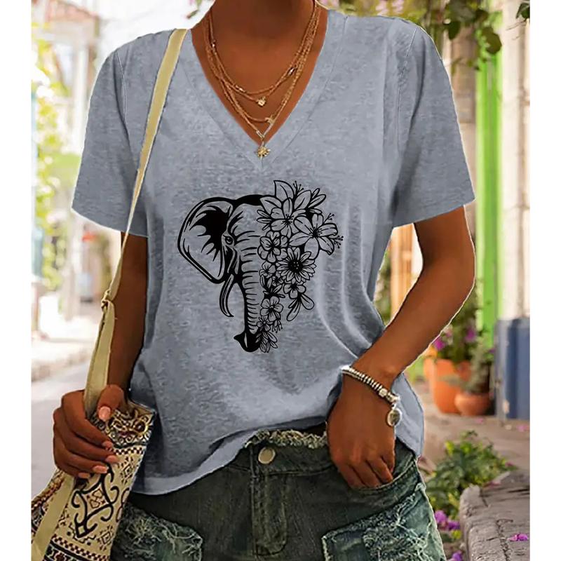 Fashion Minimally Drawn Elephant Painting Blouses Short Sleeved V-Neck T Shirts Casual