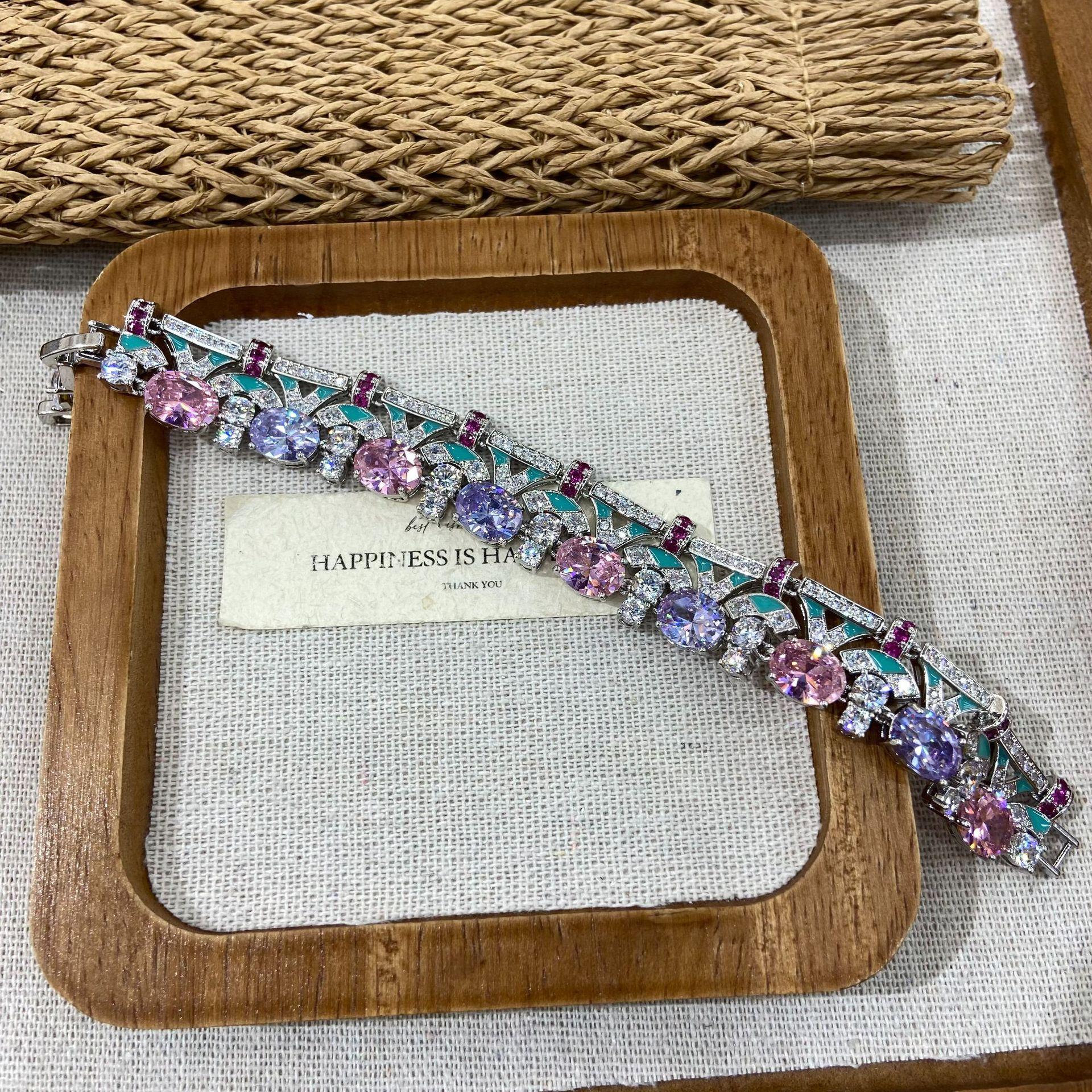 Women S Jewelry Set, Jewelry, Zircon Bracelet, High-End Pink Zircon Geometric Light Luxury Buckle Bracelet.