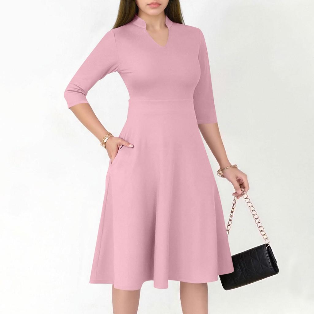 Women's Fashion V,Neck Three,Quarter Sleeve Church Work Dress With Pockets In Color