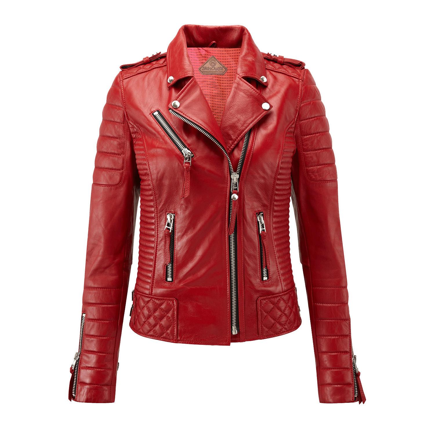 

SKINOUTFIT Women s Motorcycle Leather Jacket Genuine Red Lambskin Cafe Racer Biker Outerwear XS червоний