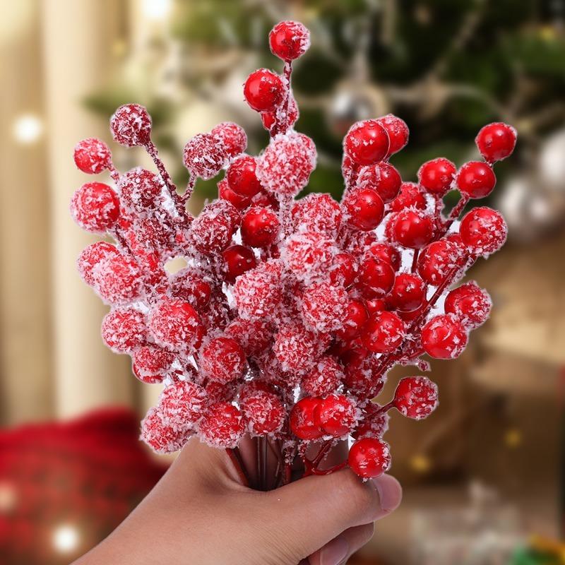 Christmas Snowflake Red Berries Red Fruit Simulation Berry Branches 12 Heads Holly Berry Stems DIY Wreath Xmas Tree Decorations