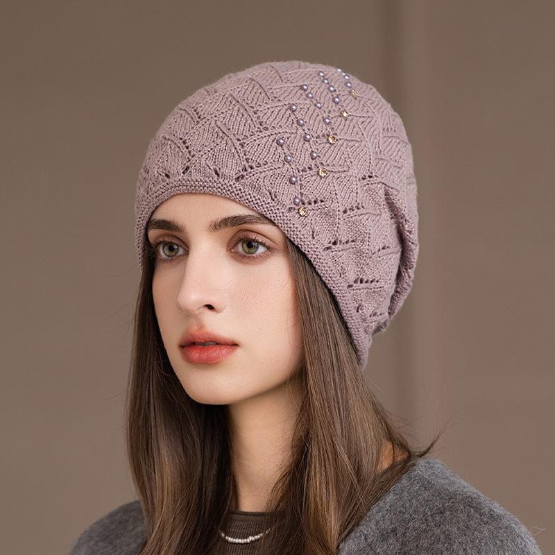 

Autumn and Winter New Hat Women s Fashion Pearl Wool Hat Mother Warm Ear Protection Rabbit Hair Knitted Hat ONE SIZE хаки