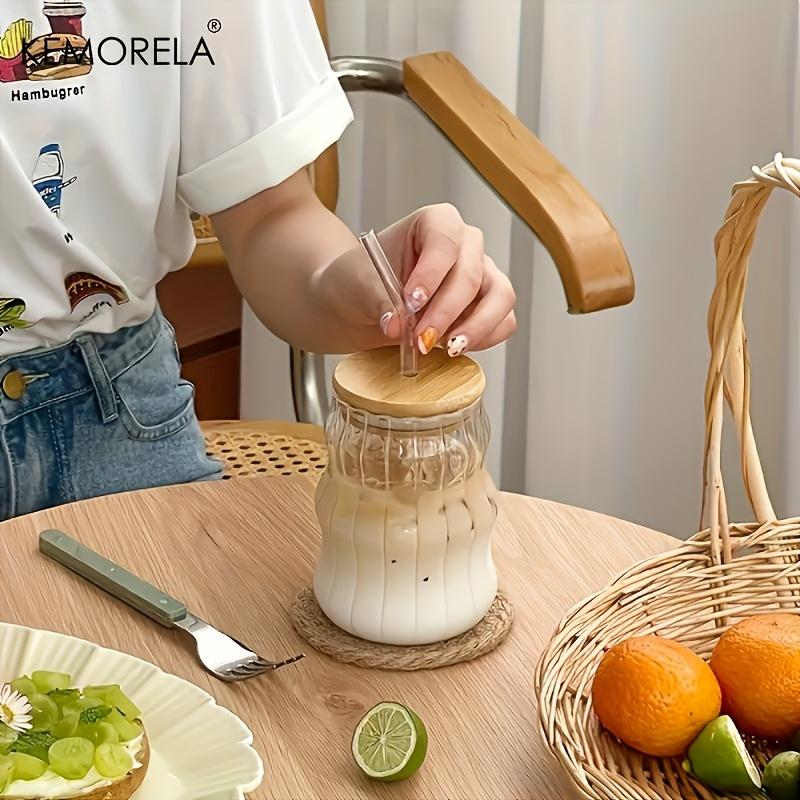 KEMORELA 4/6 Stück 550ml Neue Klare Glas Wolkenbecher Mit Bambus Holzdeckel Strohhalm Milch Frühstückstasse Eiskaffee Saft Trinkbecher