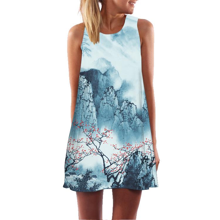 European and American New Digital Printing Round Neck Off-the-shoulder Sleeveless Vest Big Pendulum Loose Medium and Long Dress