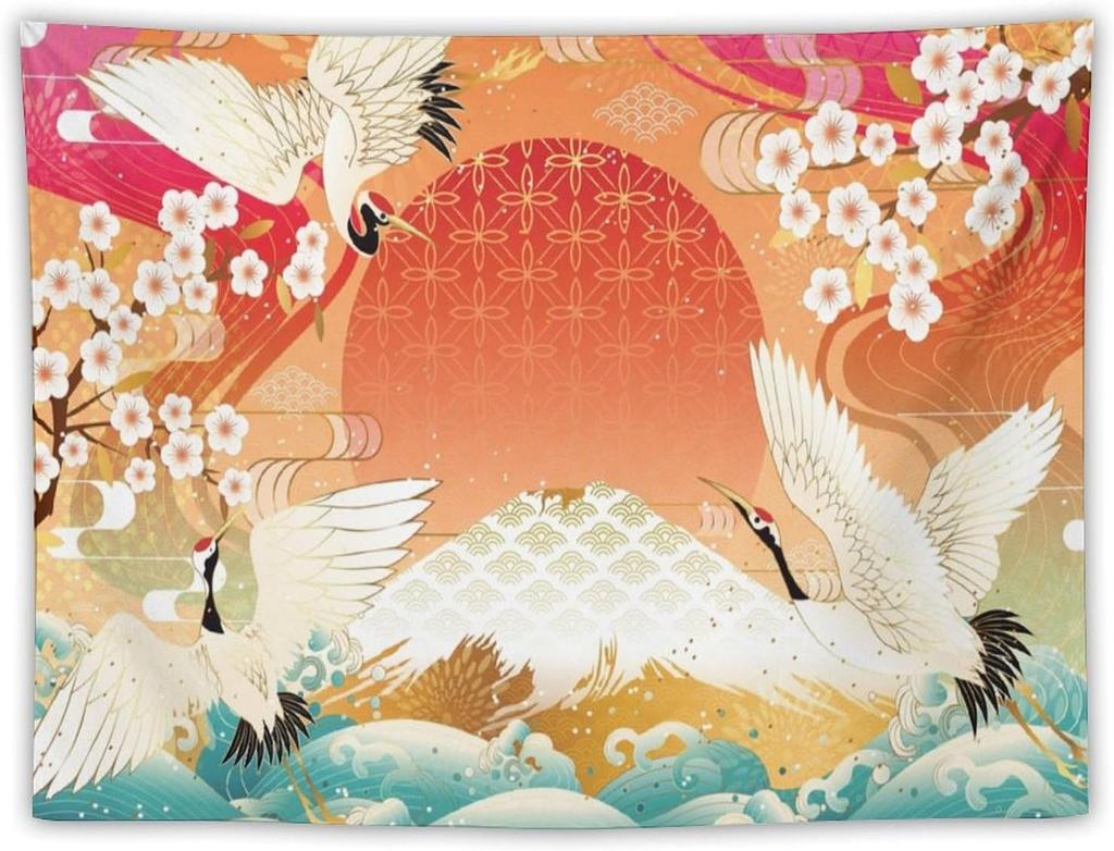 Japanese Tapestry Cherry Blossom Crane Sea Wave Fuji Mountain Red Sun Pattern Printed Wall Tapestry Painting Wall Hanging for