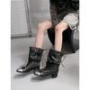 2025 Schleifenriemen gewebte Westernstiefel ausländischer Stil groß gutaussehend Punk Ödlandwind weites Rohr Stapel kleine kurze Stiefel Damen