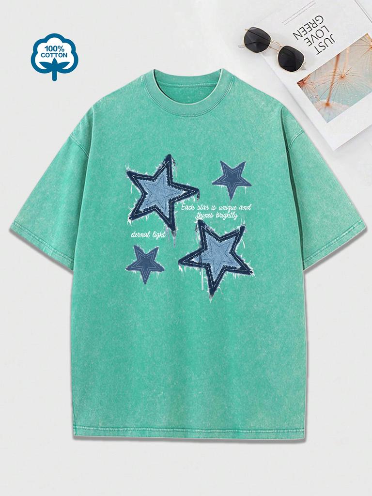 Retro Blue Jean Star Print  Snow Wash T Shirt Woman Y2K Washed Tees O-Neck Casual Short Sleeve All-Match Cotton Womens Clothes