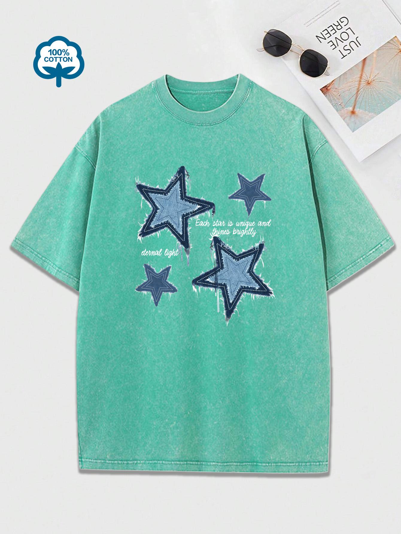 

Ретро Футболка с принтом звезд из синего денима с эффектом снежной стирки Женская Y2K Выстиранные футболки с круглым вырезом Повседневная с коротким рукавом Универсальная Хлопковая Женская одежда 4XL