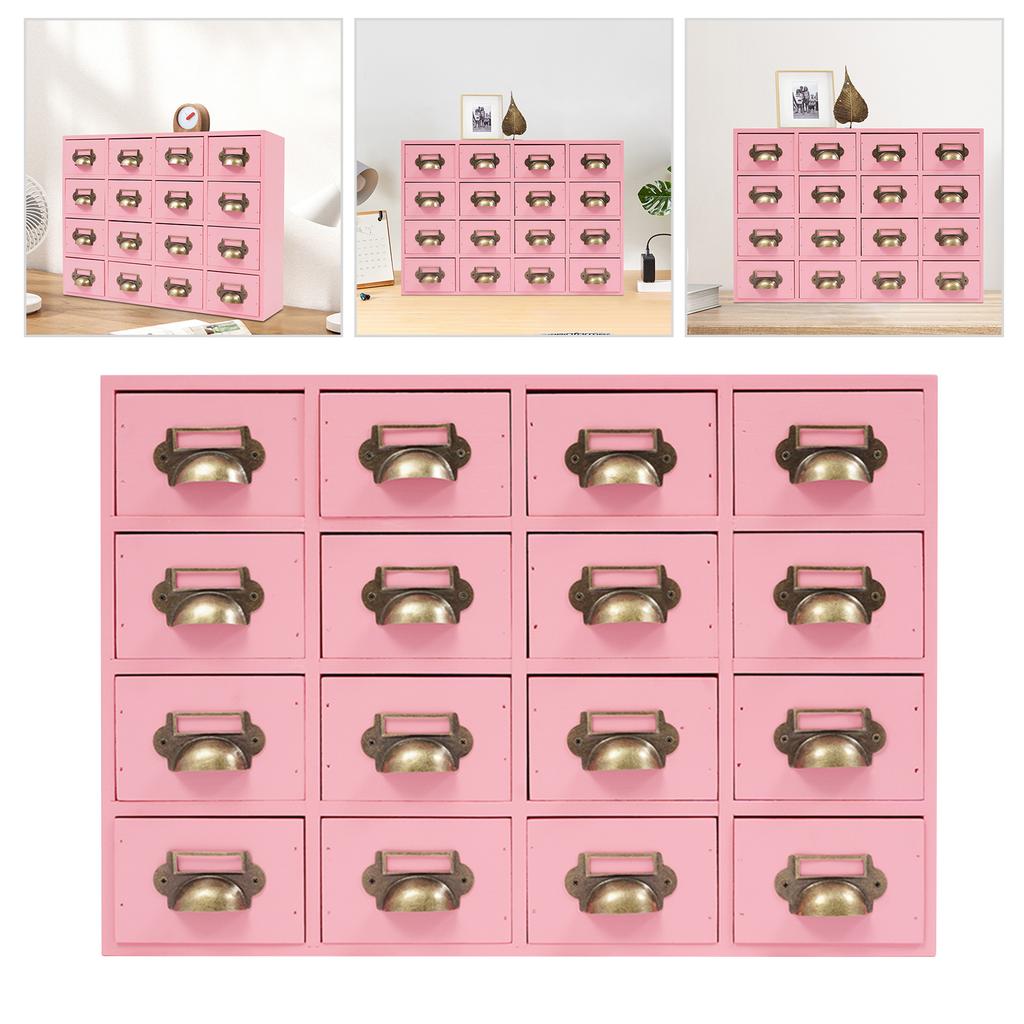 16-Compartment Drawer Storage Cabinet – Vintage Pink Solid Wood Desktop Organizer – 22 lbs Load Capacity