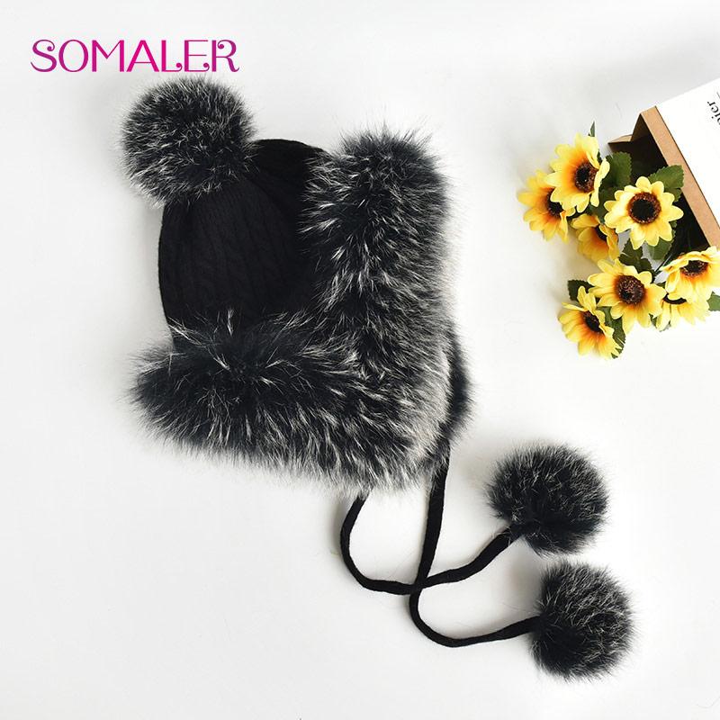 SOMALER Winter Knit Real Fur Hats for Women Real Fox Fur Earflap Cap with Fur Pom Pom Warm Knitted Ear Protection Beanies