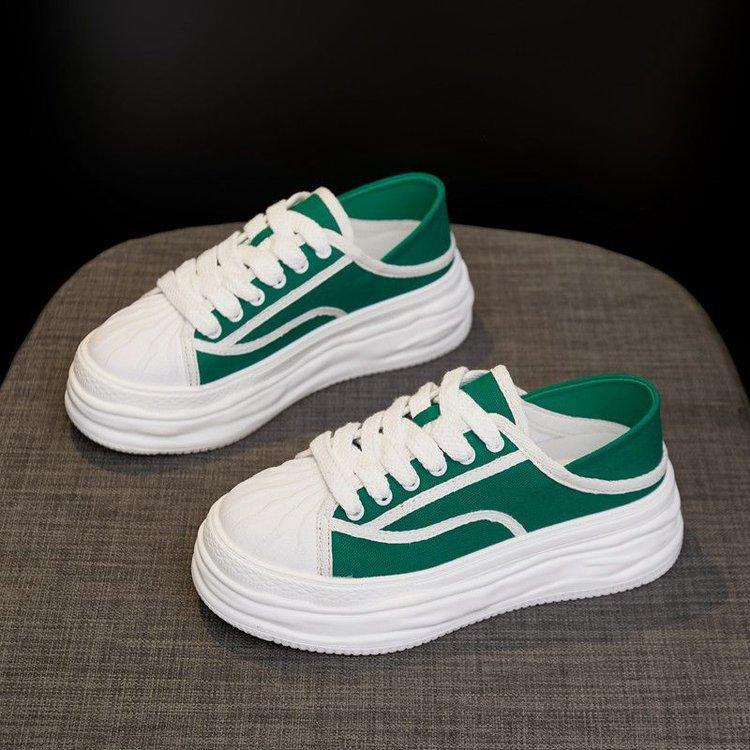 

Xiaoxiangfeng женские туфли с ракушкой на платформе, парусиновые туфли, женские, новинка 2025 года, повседневные тапочки с двумя носками и ленивыми полутапочками 35 зелёный