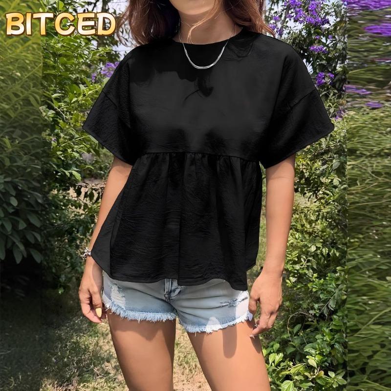 BITCED Moda feminina casual cor sólida estampado manga curta blusas e camisas
