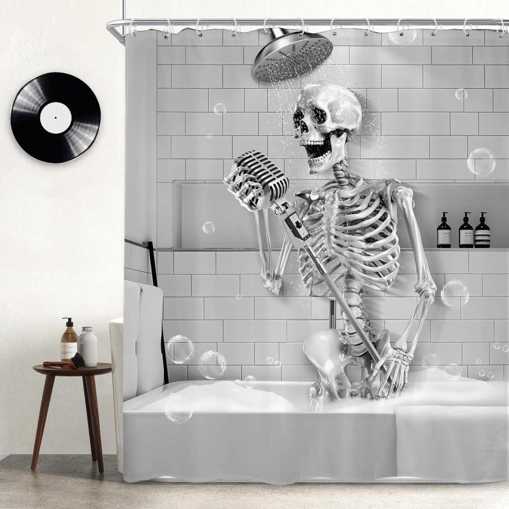 Funny Skull Singing In Bathtub Printed Shower Curtain Rustic Gothic Skeleton For Bathroom Decor