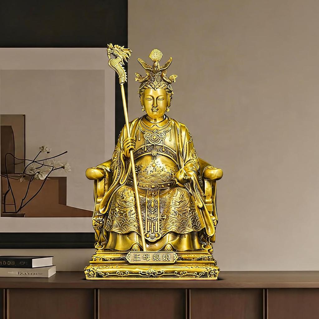 Estatua de latón Aris & Juno Reina Madre del Oeste Feng Shui – Figura china de longevidad y bendición para la entrada, escritorio de oficina en casa o decoración de estantería,
