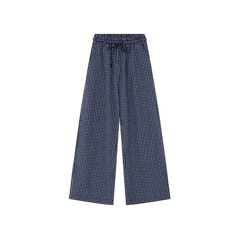 Women s High Waist Wide Leg Pants Straight Fit Plaid Trousers Casual Elastic Waist Loose Spring Long Pants XS