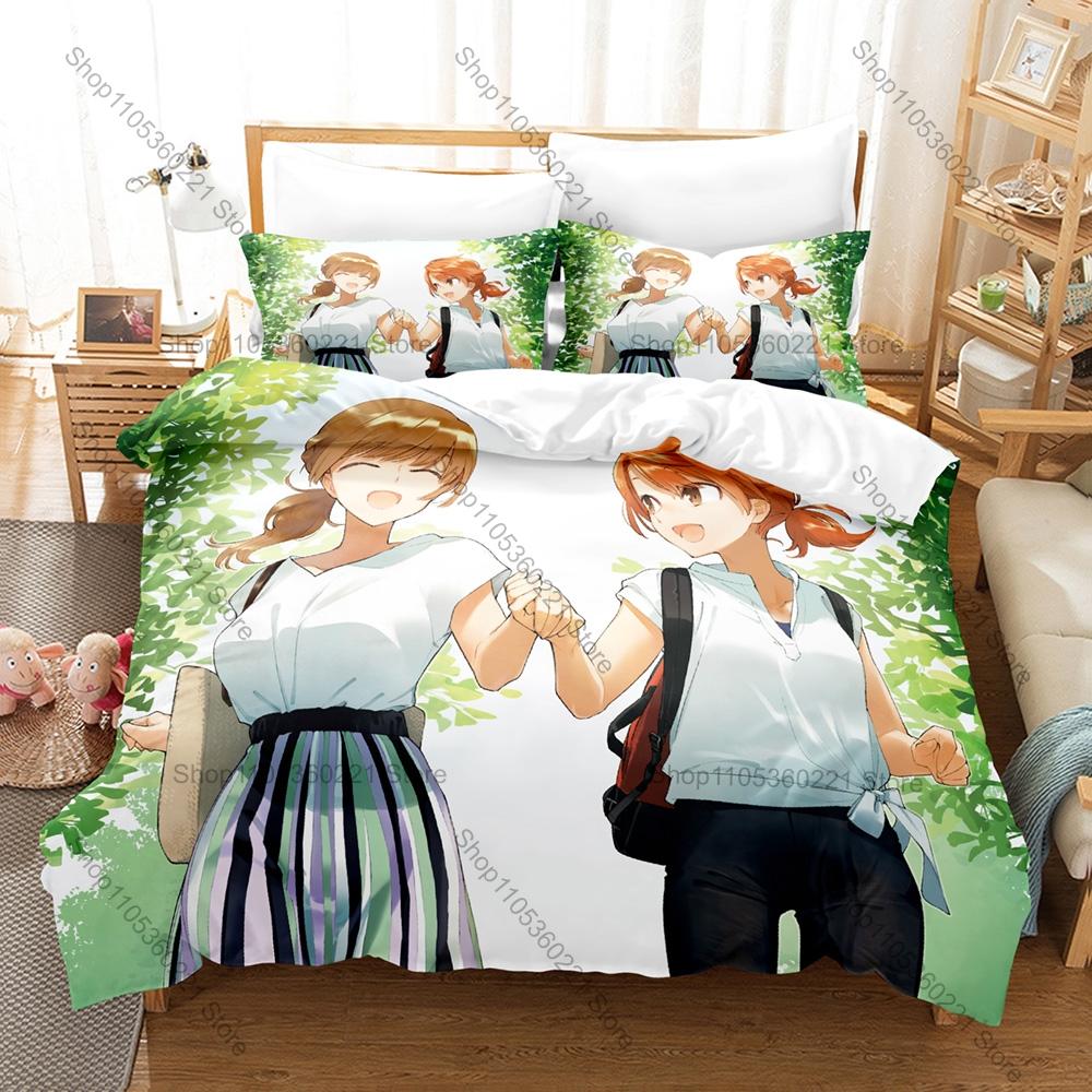 Cool Soft Pastel Cherry Blossom School Girls Sketch Bedding Set Duvet Cover + 2 Pillowcases Muted Pink Neutral Bedroom Decor