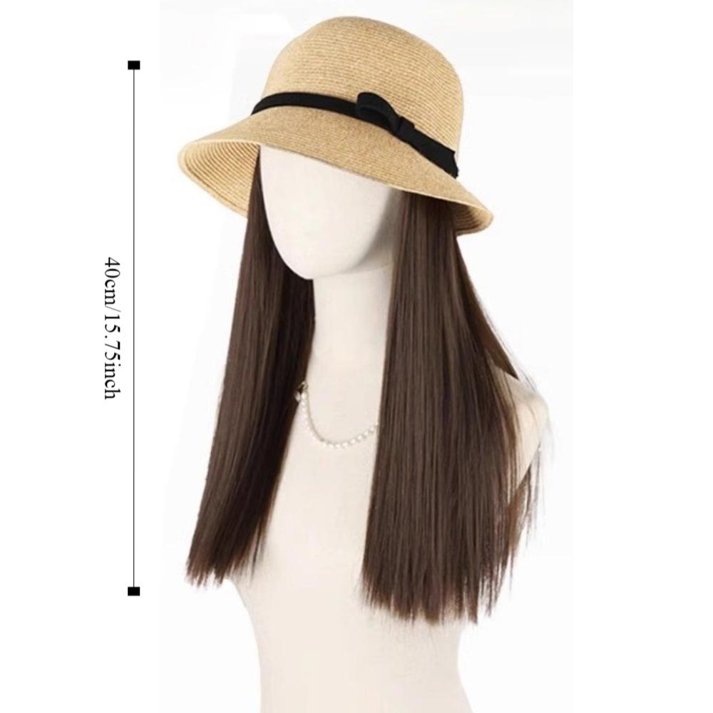 Sun Visor Bowknot Straw Hat Wig Bucket Hat Fisherman Hat Wig Sweet Long Curly Wave Hair Wigs  Women