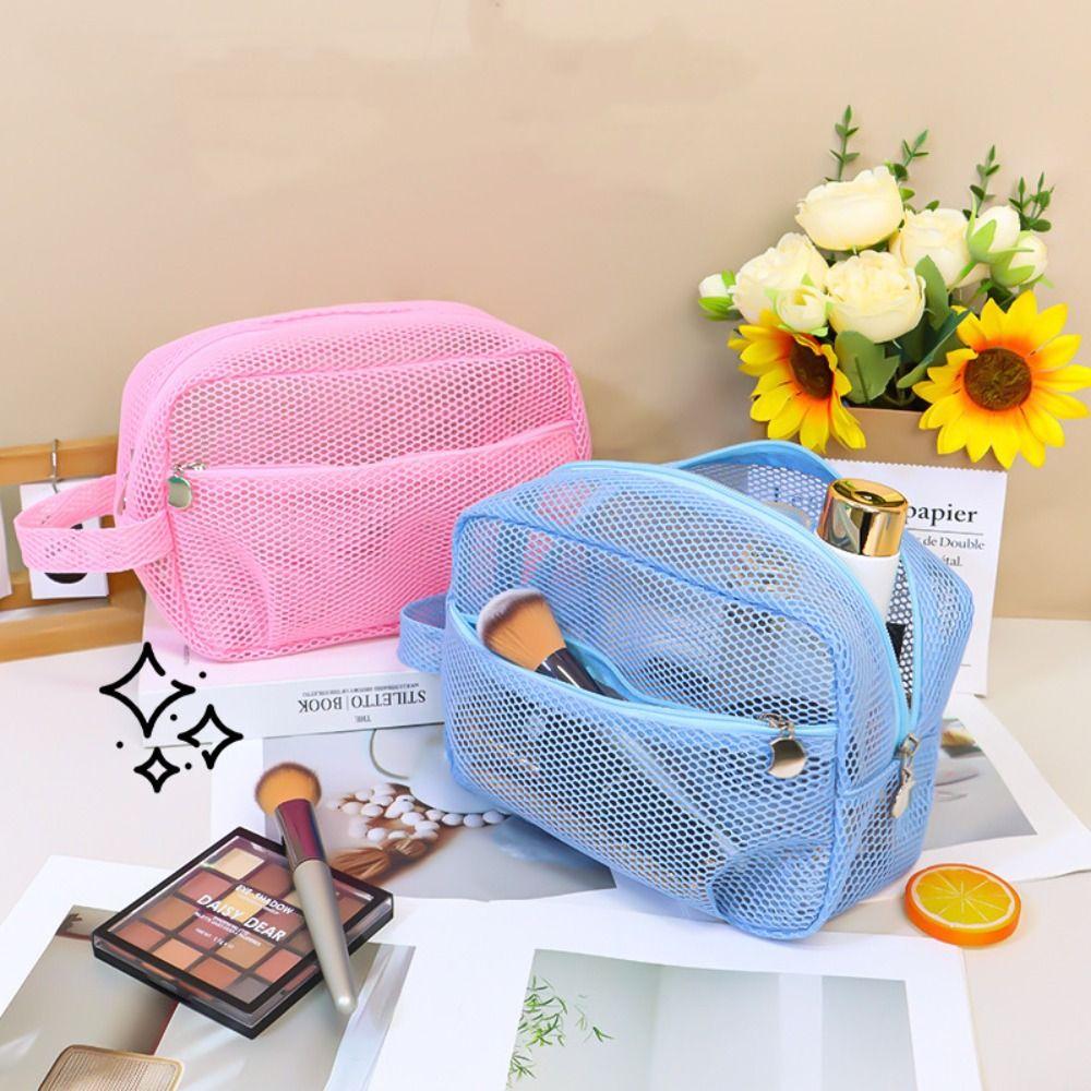 Square Mesh Makeup Bag Portable Travel Wash Bag Simple Transparent Mesh Cosmetic Bag  Camping