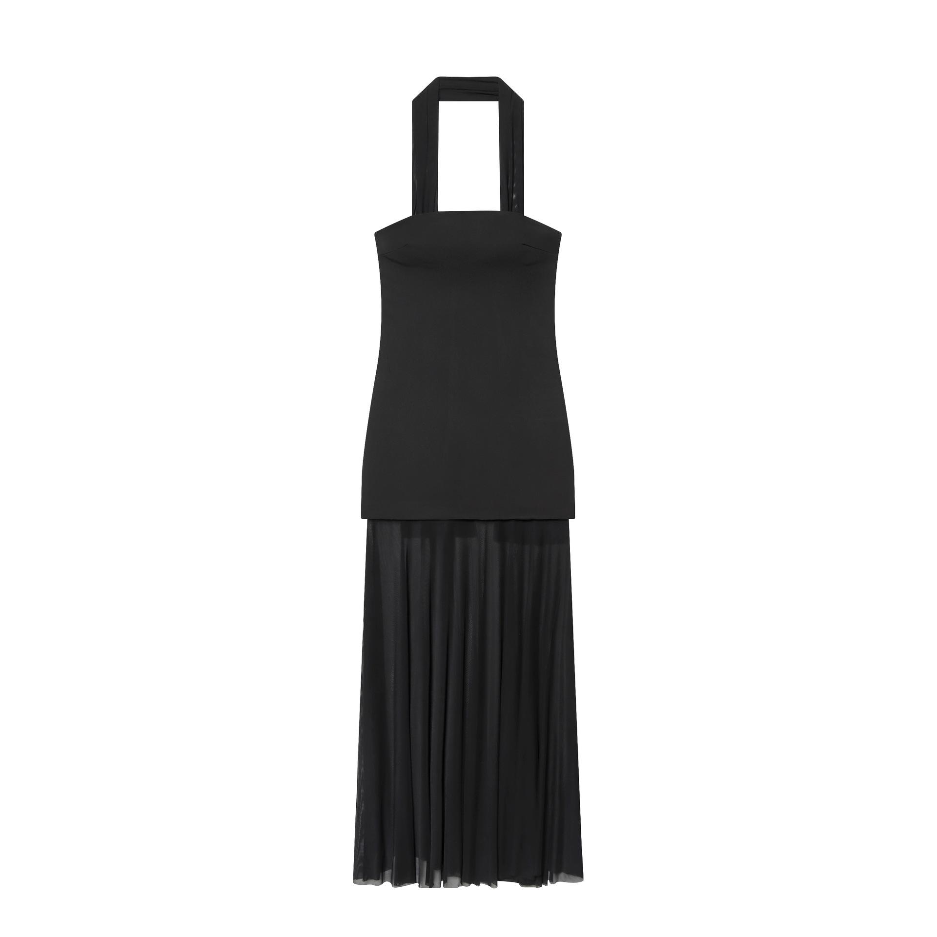 

Women s Black Halter Backless Draping Patchwork Dress - Elegant and Casual M