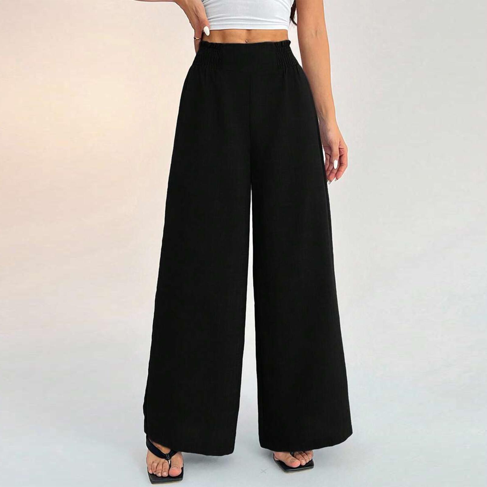 

Women s Fashion Color Elastic High Waist Wide Leg Loose Casual Pants L чёрный