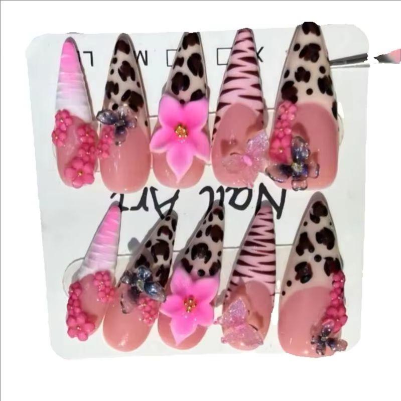 10Pcs Leopard Print Long Stiletto False Nails Full Cover Butterfly Flower Decor Press On Nails