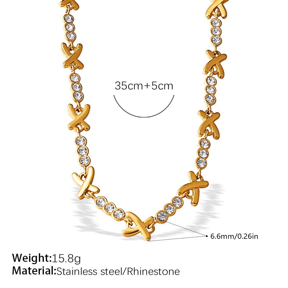 Luxurious X-Shaped Rhinestone Necklace & Full Diamond Stainless Steel Bracelet Set for Women