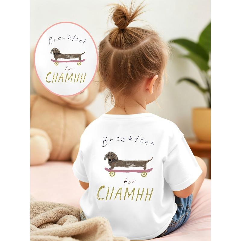 European sizes Girls Pure Cotton Casual T-Shirt, Cute Cartoon Dachshund on a Skateboard for Breakfast, Stylish and Comfortable Summer Crew Neck Top 110 белый