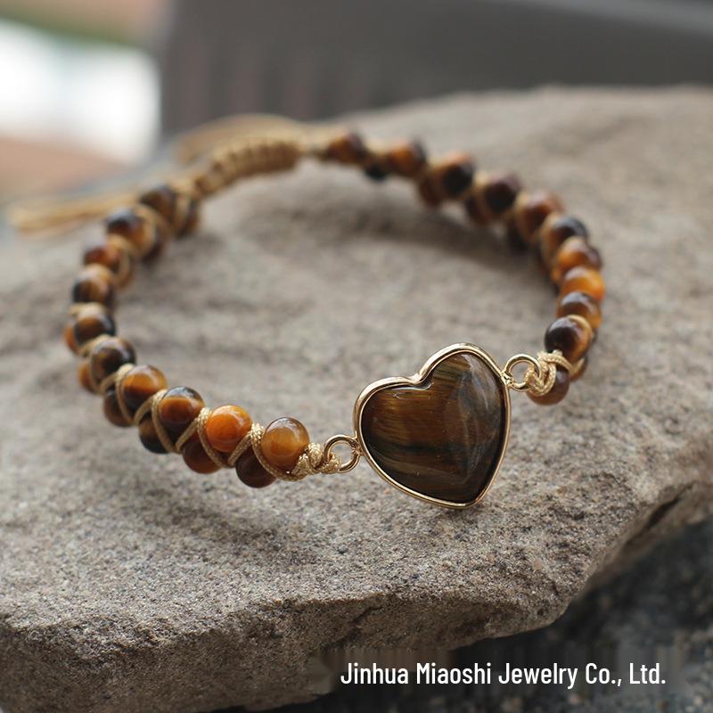 Bohemian Red Heart-Shaped Redwood Stone Double-Layer Woven Women's Bracelet