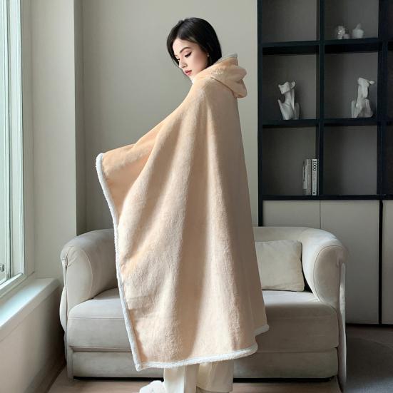 Cape Blanket Plush Hooded Cape with Button Fastening Double-Sided Warmth White Trim Blanket Cape Office Nap Comfort Throw Blanket