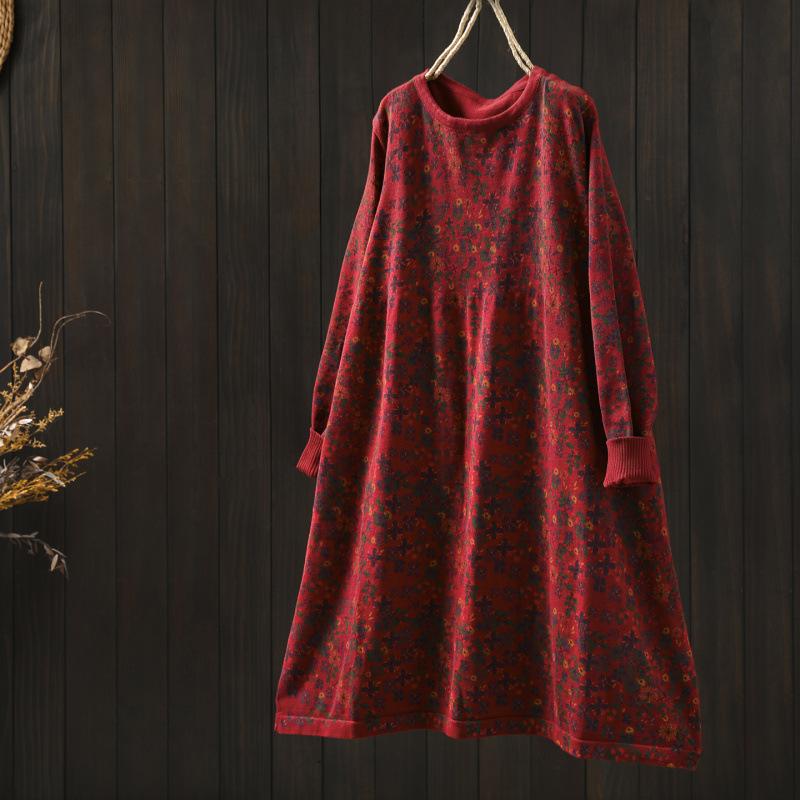

Johnature Women Vintage Print Floral Dresses Knitted Autumn O-Neck Long Sleeve Casual A-Line Dress One Size червоний