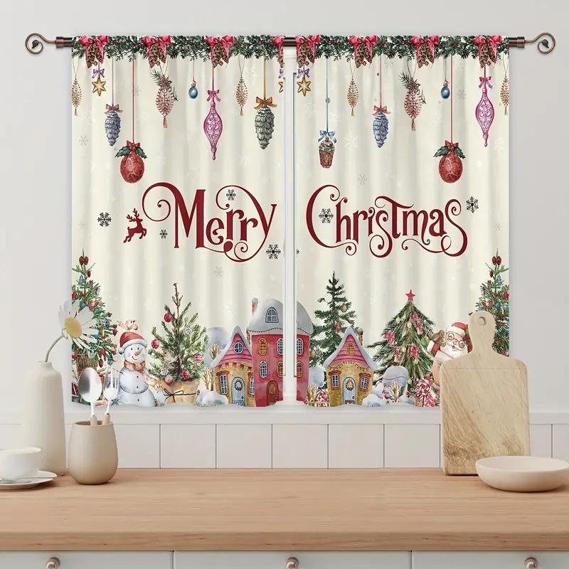 2pcs,Christmas Snowman,Red Cow Checkered Pattern With Rod Pocket Mount Digital Printed Curtains For Bedroom Living Room Kitchen