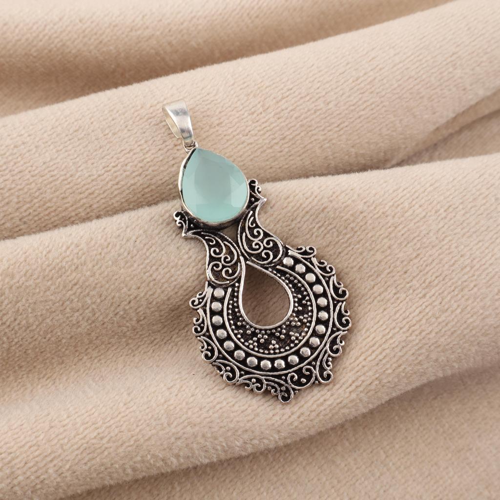 Aqua Chalcedony Gemstone 925 Sterling Silver Jewelry Partywear Pendant 1.8" For Women CP-45-20
