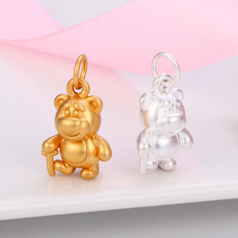 S999 Sterling Silver Strawberry Bear Head Pendant for DIY Beading & Braiding