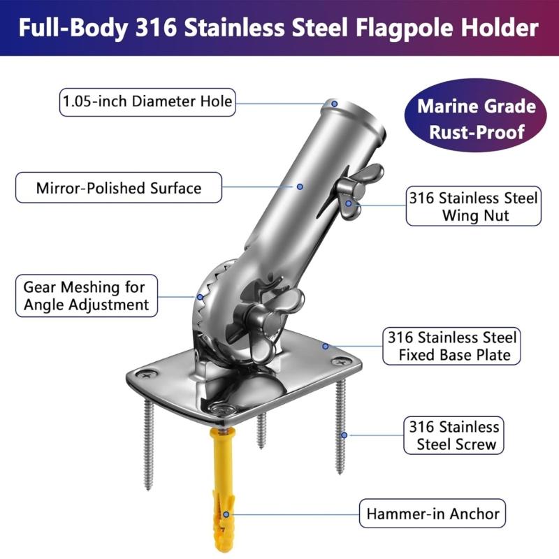 Schwerlast-Flaggenmast-Halter aus Edelstahl, 180° verstellbar, Beton-Flaggenmast-Halter für Haus Außenbereich, Flagge