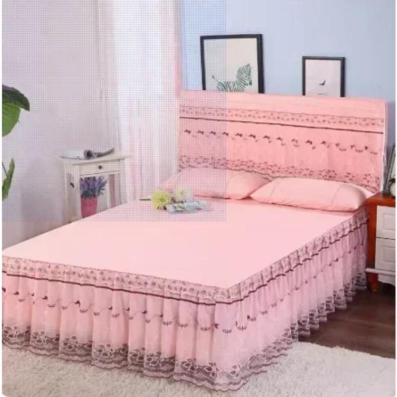 Prinzessinnenstil Bettrock Tagesdecke Einteilig Spitze Bettüberwurf Klein Frisch Rosa Anti-Rutsch und Staubdicht Bettlaken