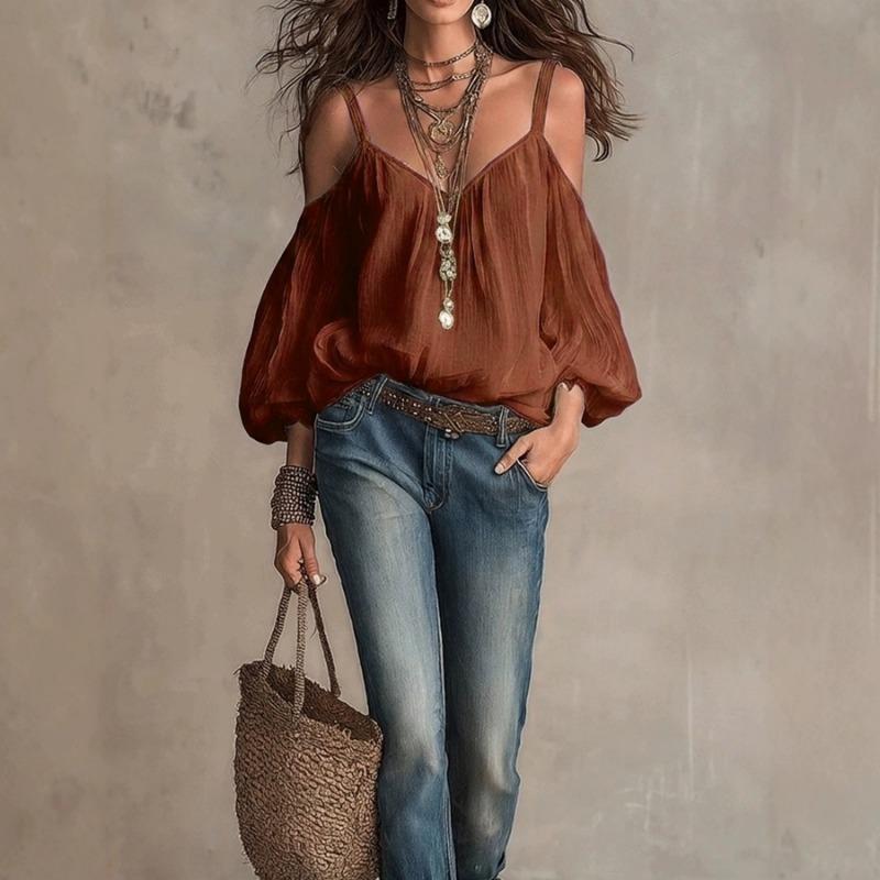 Camicia Casual da Donna a Maniche Lunghe a Bolla, Scollo a V, Colore Unito, per Vacanze
