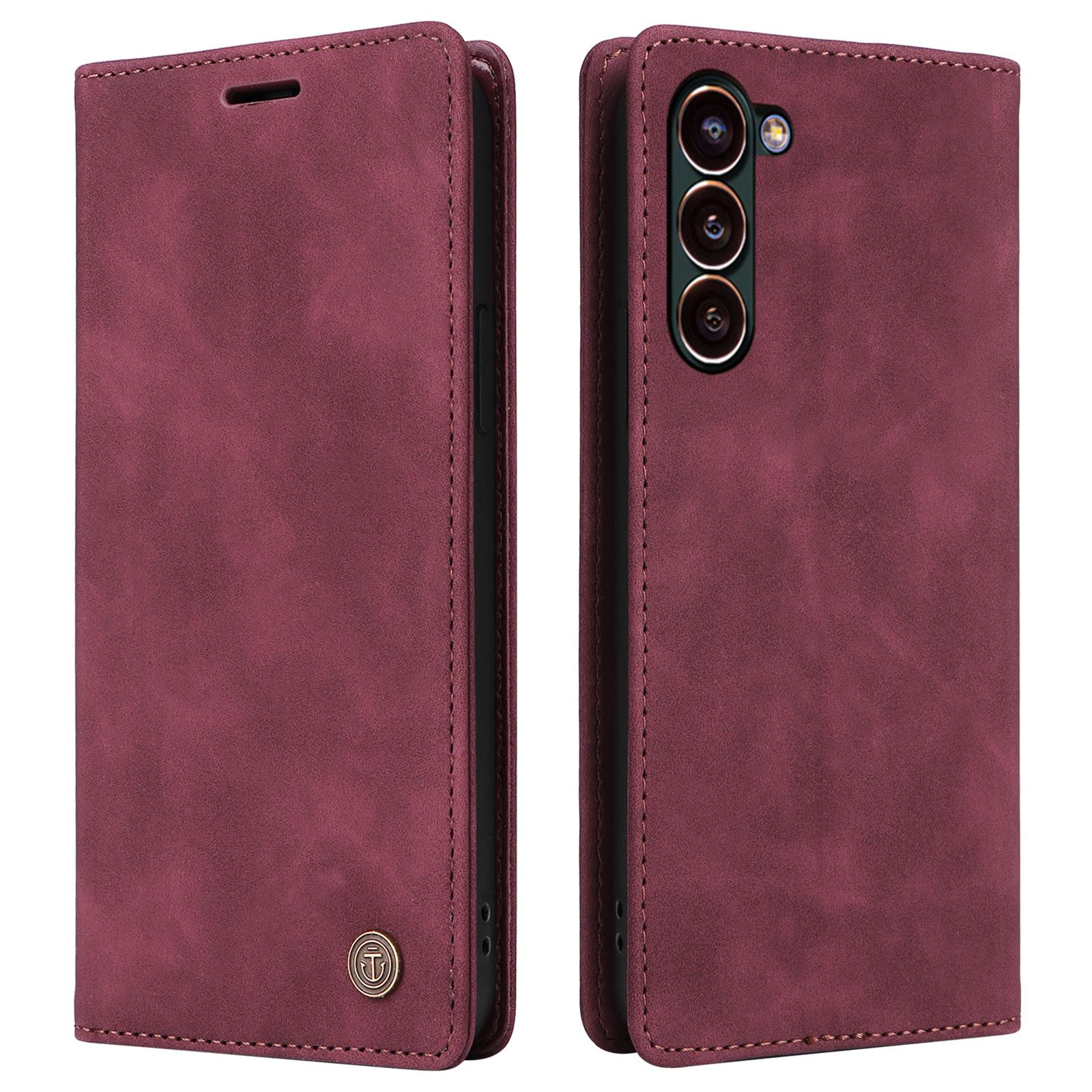 

006 Series For Samsung Galaxy S24+ Case Phone Wallet PU Leather Cover with Suction Cups Closure Wine Red