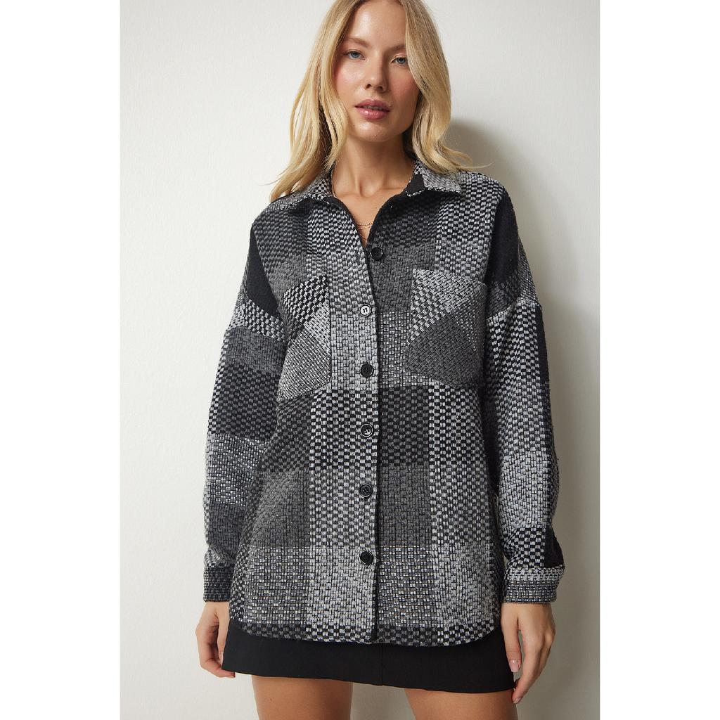 Dámská béžová krémová vzorovaná nadměrná kašmírová košile dřevorubce Tu00034