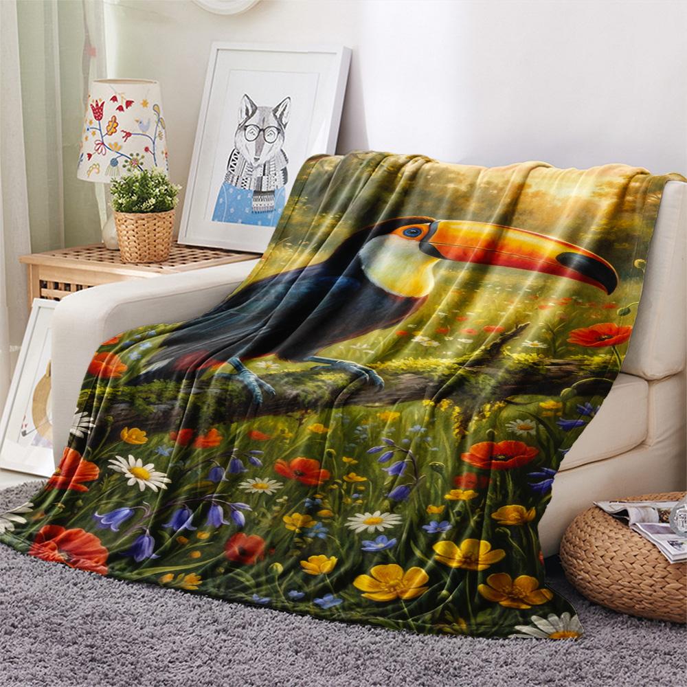1PC Toucan Oil Painting Print FlAannel Blanket, High quality Comfortable for All Seasons, Home Decor, Warmth and Comfort