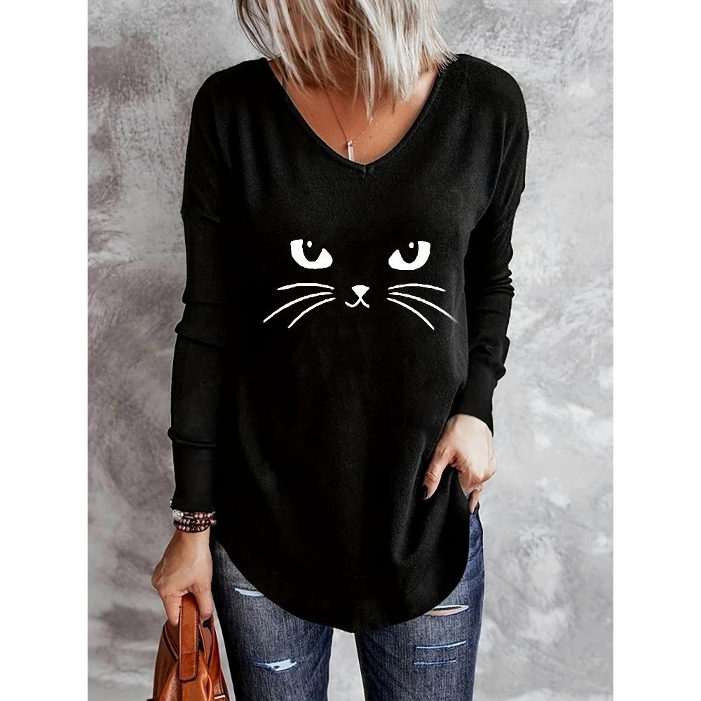 Women's Cat Print Loose Oversized Casual V Neck Long Sleeved T-shirt Top Streetwear Oversized O-Neck Vest