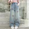 Girls' Loose Wide-Leg Jeans - Korean Style, Spring/Autumn Fashion, Casual Straight Leg Pants for Middle & Big Kids