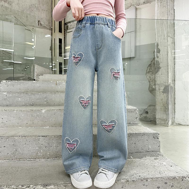Girls' Loose Wide-Leg Jeans - Korean Style, Spring/Autumn Fashion, Casual Straight Leg Pants for Middle & Big Kids