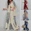 Women V-neck Patchwork Printed Top And Pants Suit Contrasting Color Commuting Set Wide-leg Trousers And Extra-length Top Loose