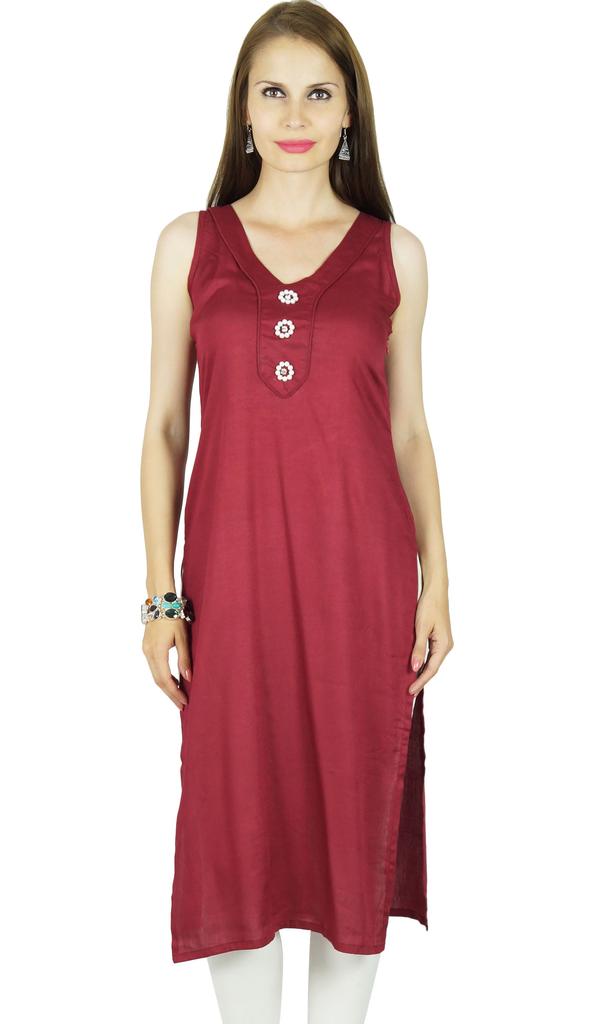 Bimba Women Sleeveless Rayon Tunic Kurti Straight Kurta Casual Indian Blouse
