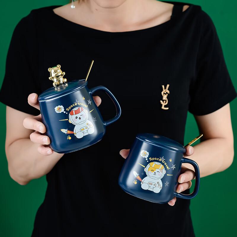 Astronaut Rabbit Ceramic Mugs (Set of 2) with Lid & Spoon