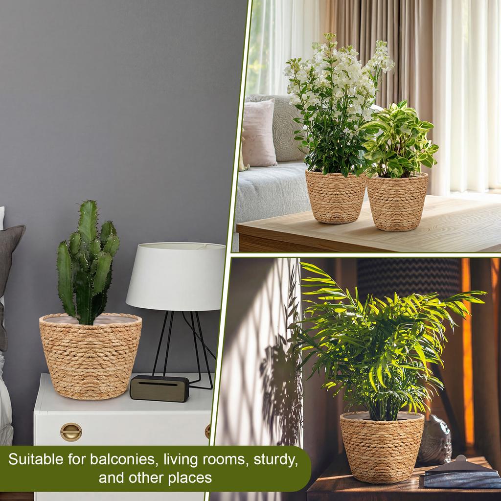 Haiabei 4 Stuks Riet Geweven Plantenmand Midden Premium Zeegras Plantenmand Met Plastic Bekleding Natuurlijk Stijlvol Plantenmanden