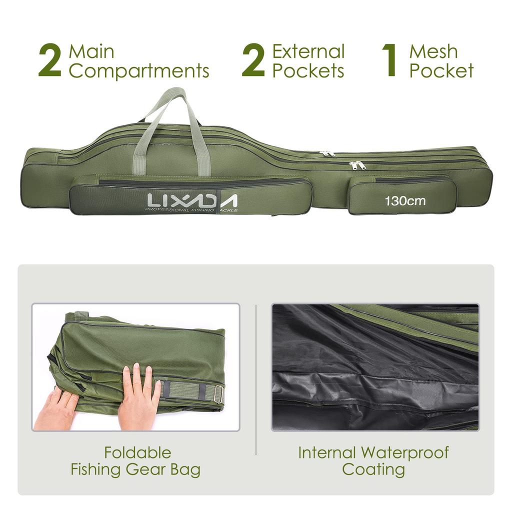 Lixada 130cm Portable Foldable Fishing Rod Case, Fishing Rod and Reel Storage Bag, Fishing Gear Organizer, Rod Case